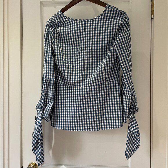 J. Crew Universal Standard Gingham Top Navy/White Tie Sleeve Size XS NWT - Picture 3 of 10